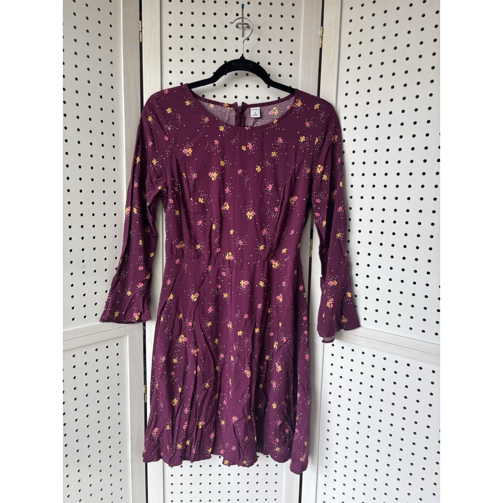Old Navy Women's Small Long SLV Fit N' Flare Burgundy‎ Floral Knee Length Dress